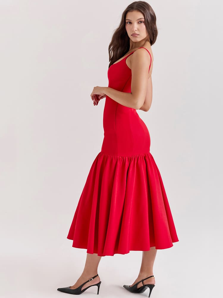 Sexy Low-Waist Bodycon Midi Dress - Scarlet Red