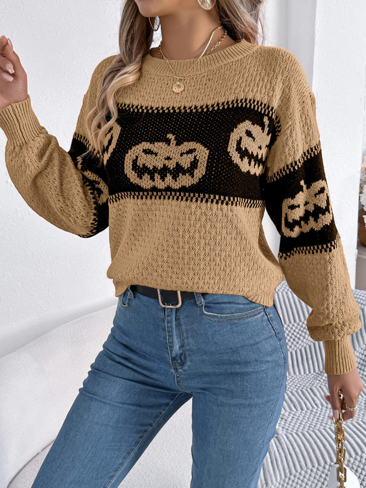 Pulover din tricot cu cap de dovleac de Halloween