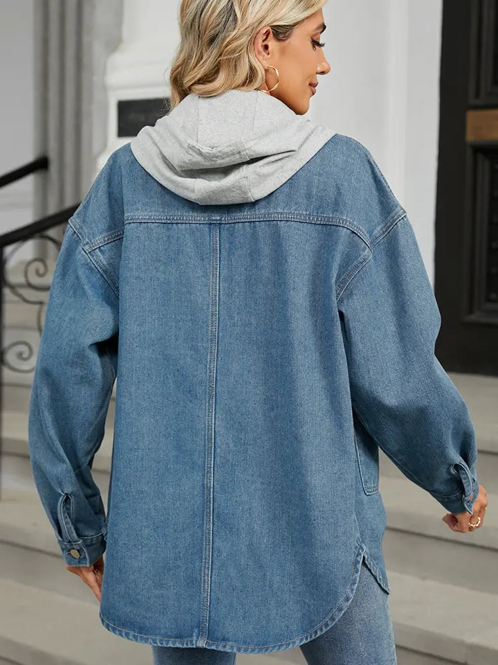 Tvättad lös passform denim hoodie-jacka