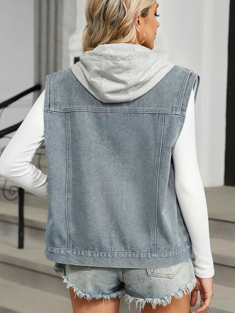 Hætte denim vest med ærmeløs design