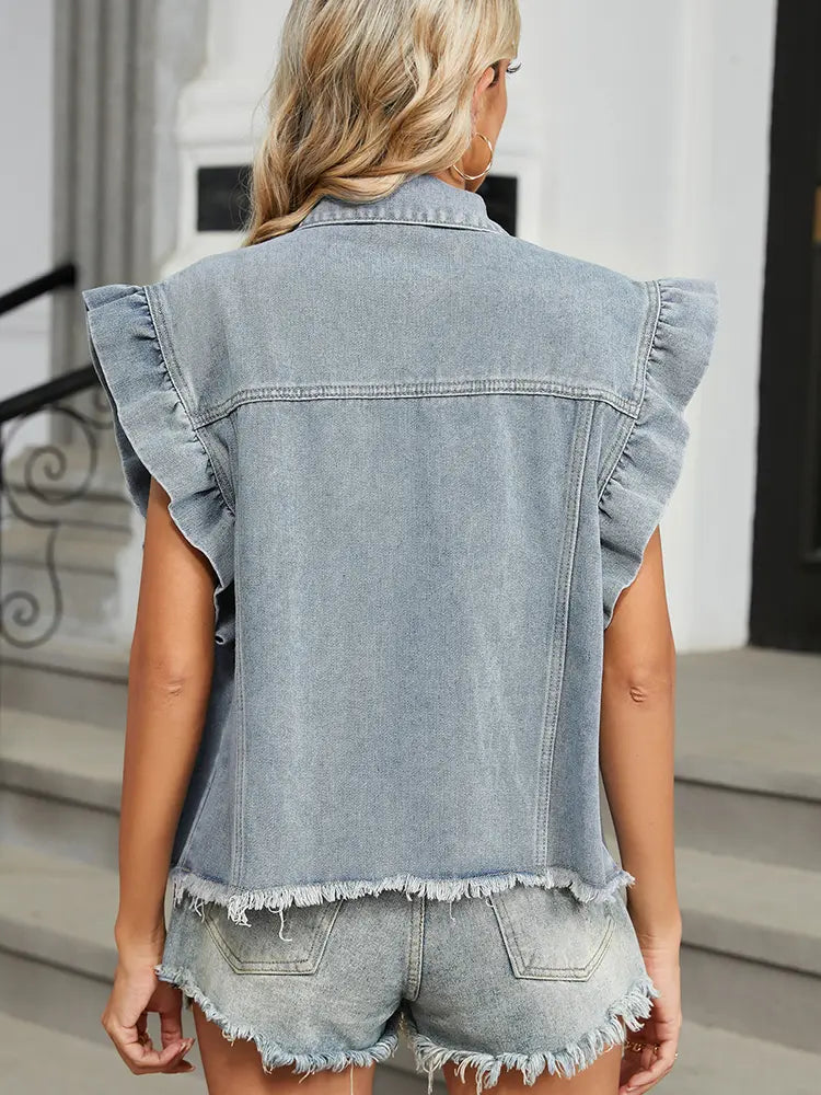 Nahugasan na Ruffle Edge na Denim Vest