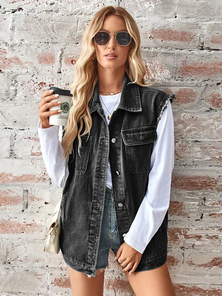 "Washed Denim Sleeveless Cardigan"