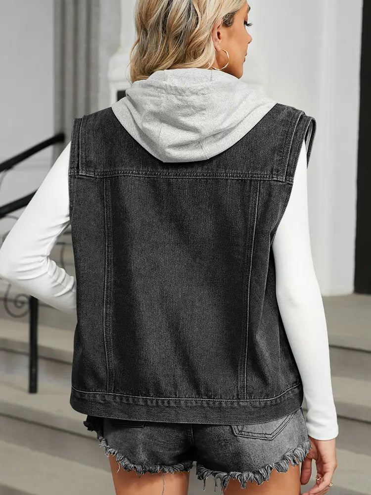 Hætte denim vest med ærmeløs design