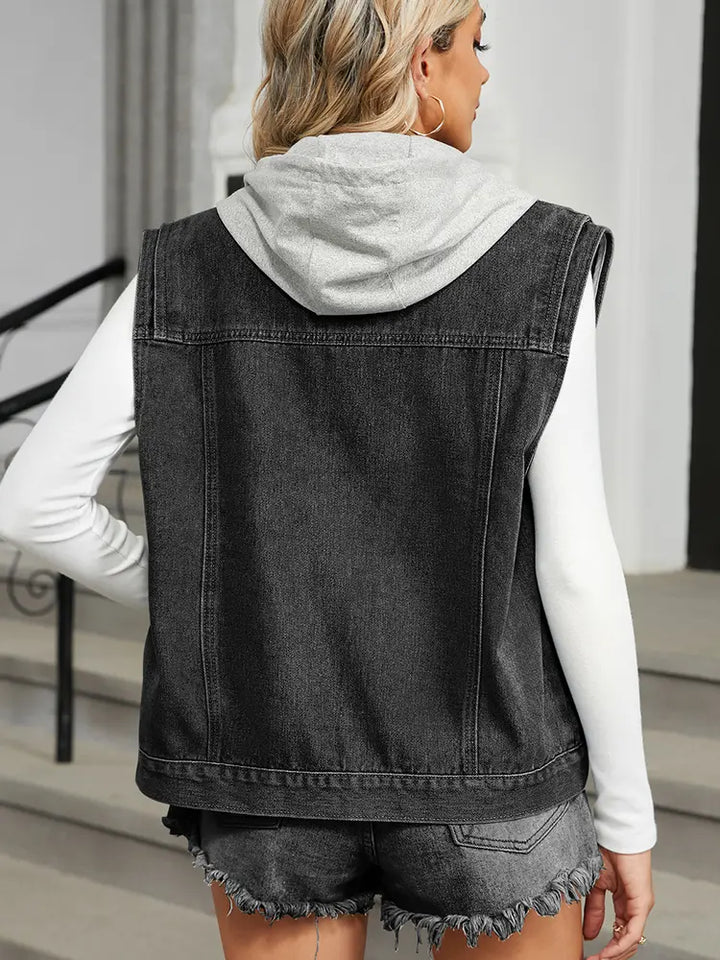 Hooded Denim Vest na may Walang Manggas na Disenyo