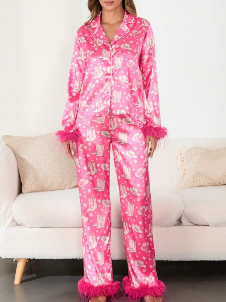 Boot at Feather Print Satin Pajama Set