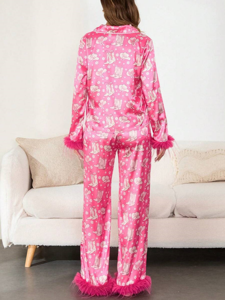 Boot & Feather Print Satijnen Pyjama Set