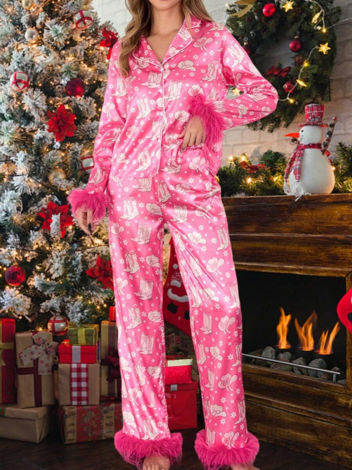 Boot at Feather Print Satin Pajama Set