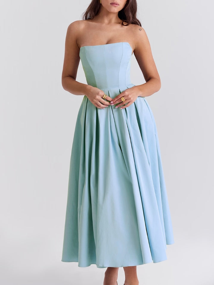 Toscaanse Blauwe Strapless Midi Zomerjurk