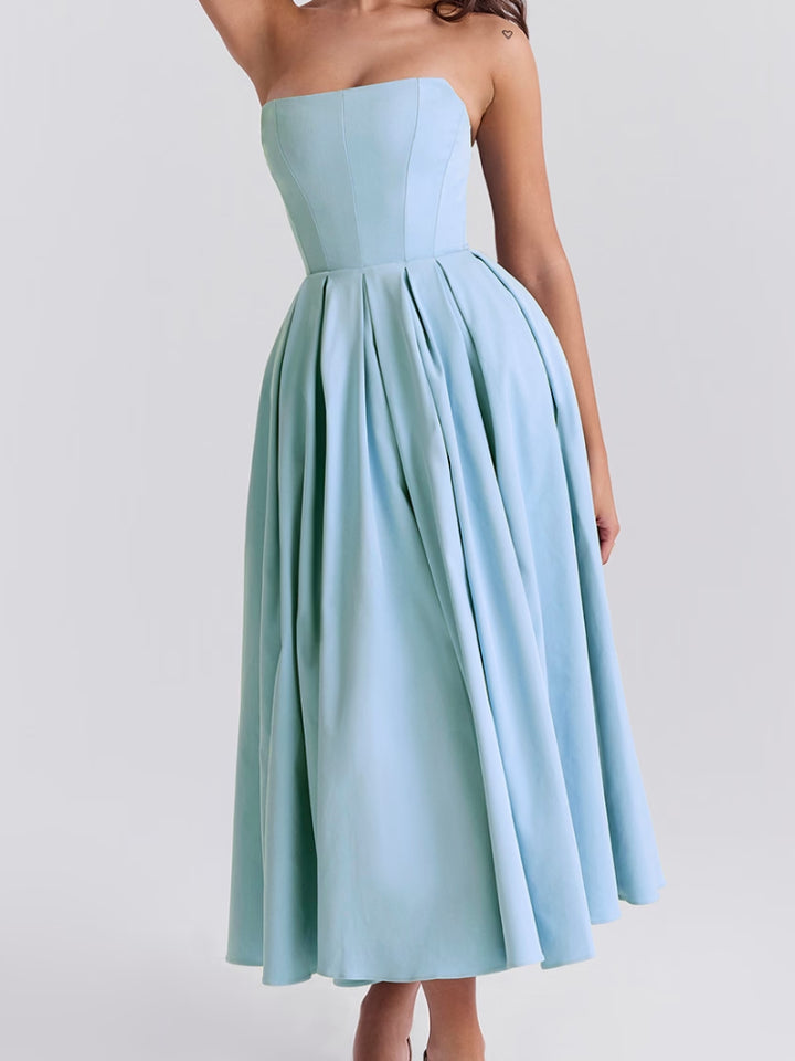 Toscaanse Blauwe Strapless Midi Zomerjurk