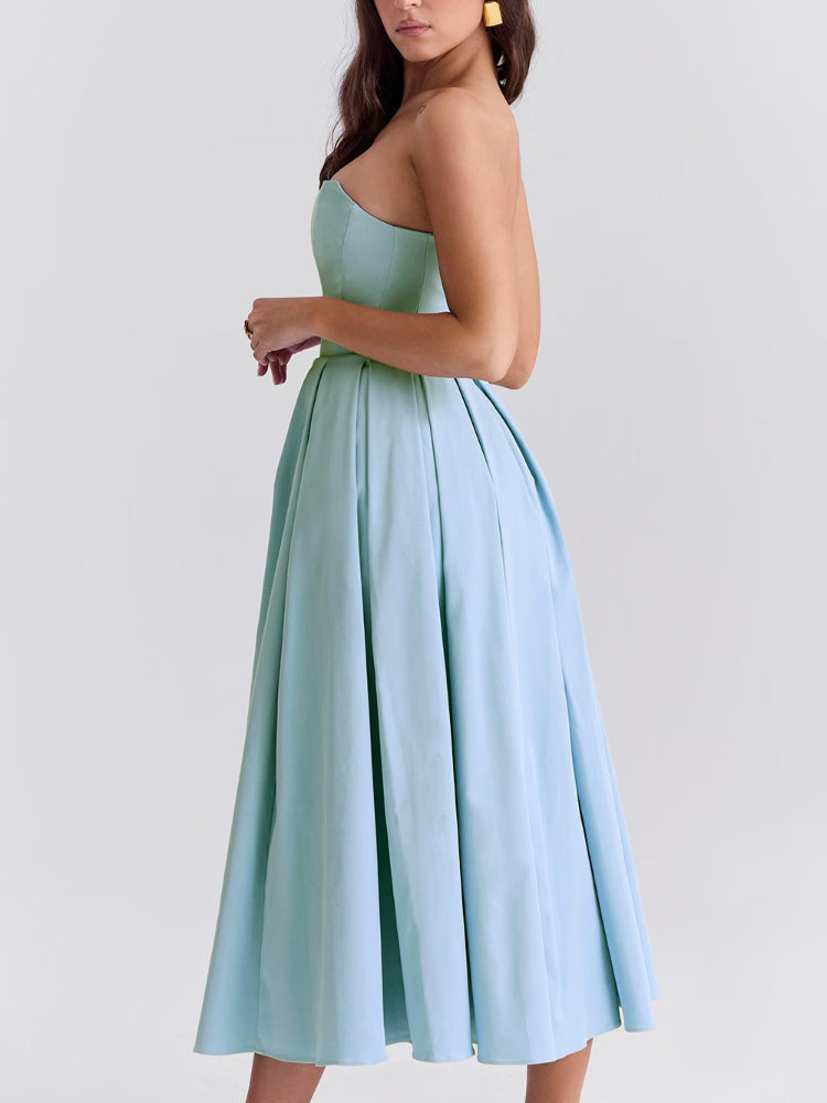 Toscaanse Blauwe Strapless Midi Zomerjurk