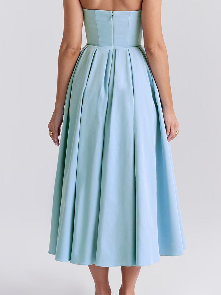 Toscaanse Blauwe Strapless Midi Zomerjurk