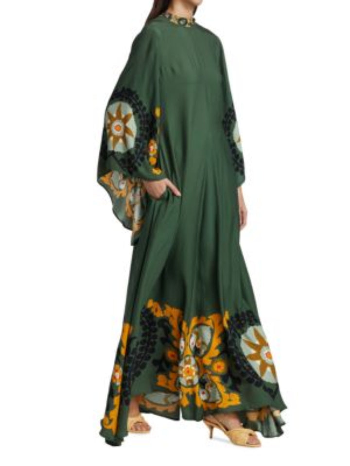 Madilim na Berde na Naka-print na Maxi Dress