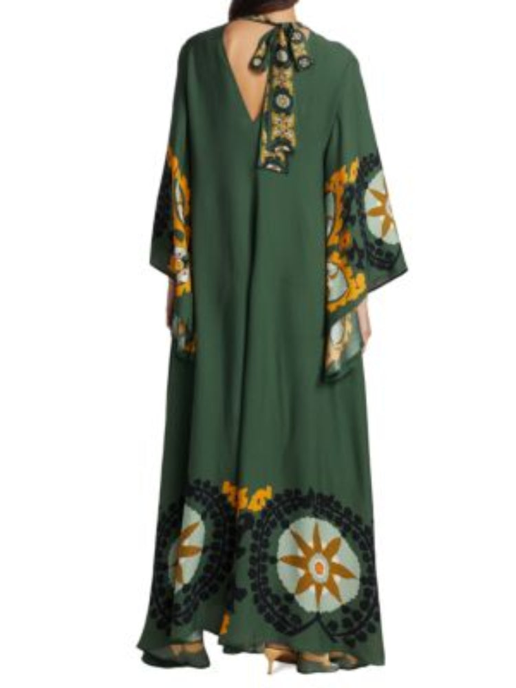 Madilim na Berde na Naka-print na Maxi Dress