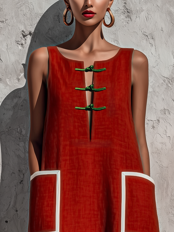 Abito midi con tasche e piping rosso