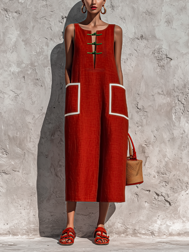 Abito midi con tasche e piping rosso