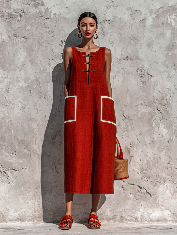 Abito midi con tasche e piping rosso
