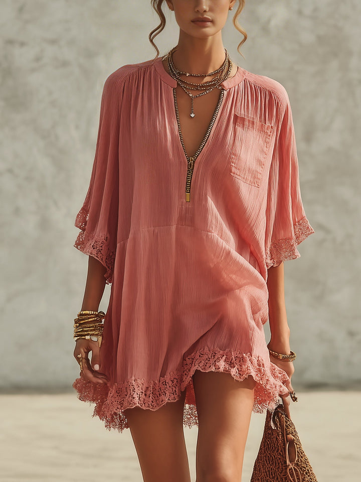 Vestido mini de gasa con cremallera y volantes
