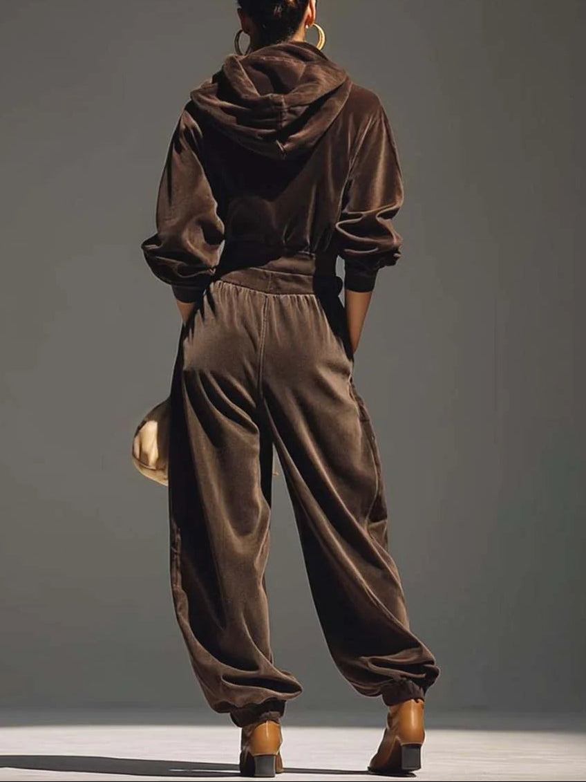 Vintage Brown Velvet Hoodie And Loose-Fitting Trousers Set（Includes Belt）