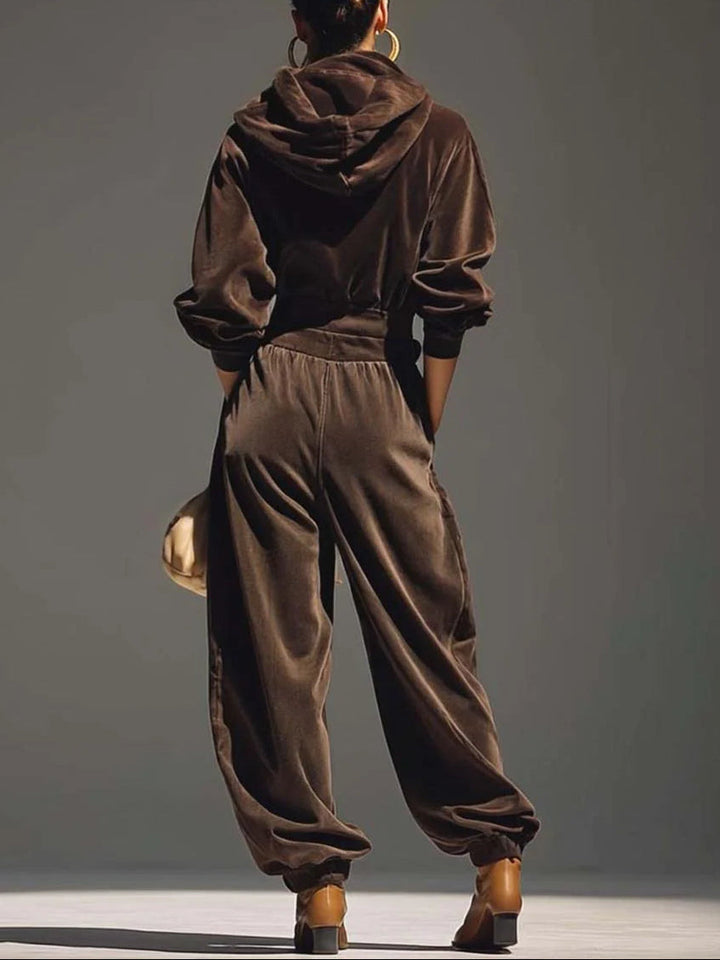 Vintage Brown Velvet Hoodie And Loose-Fitting Trousers Set（Includes Belt）