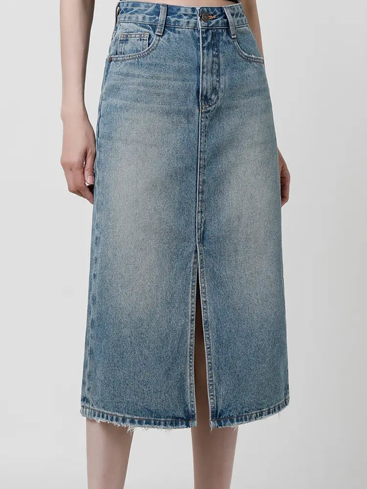 Denimkjol med hög midja med slits