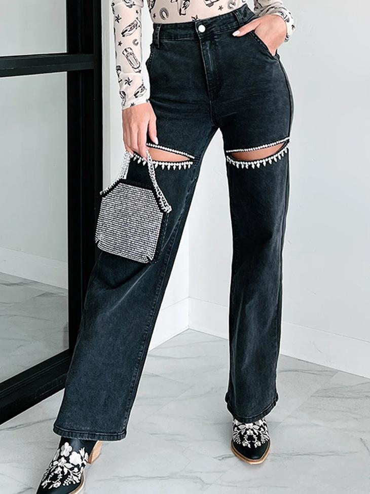 Rhinestone Detaljeret Slidt Lige Jeans