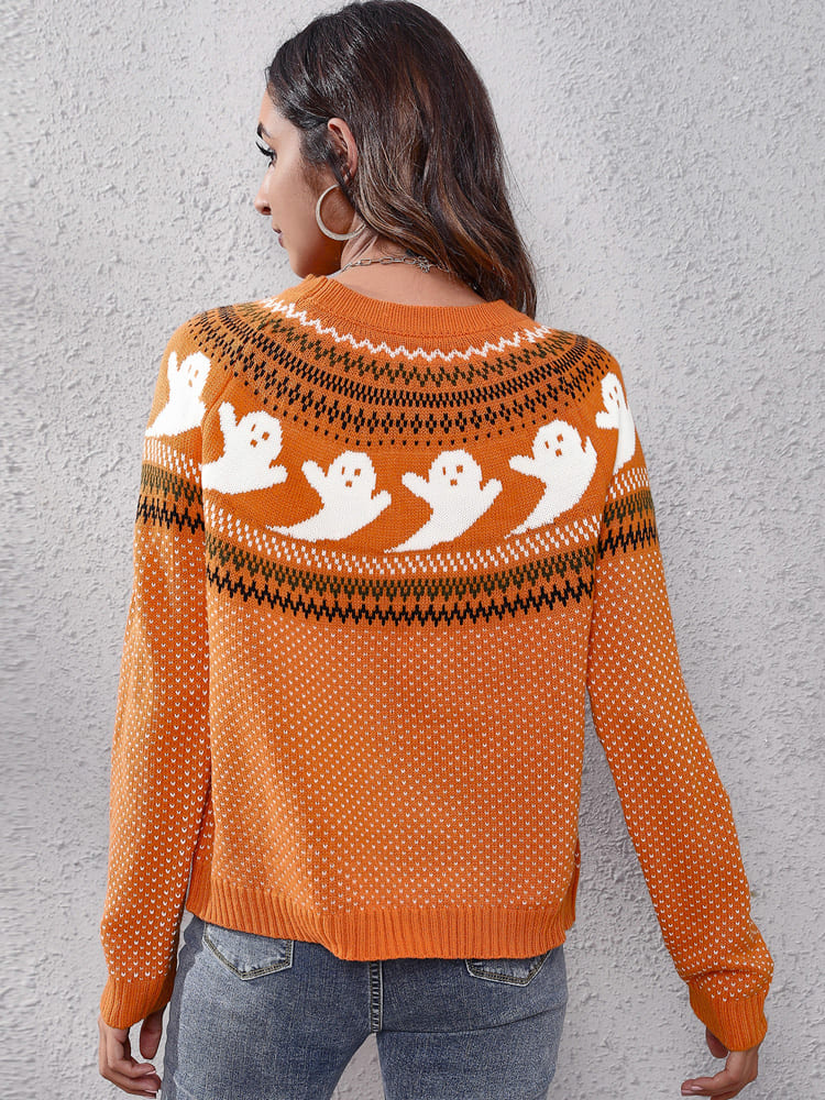 Gestrickter Pullover mit Rundhalsausschnitt und literarischem Retro-Geistermuster