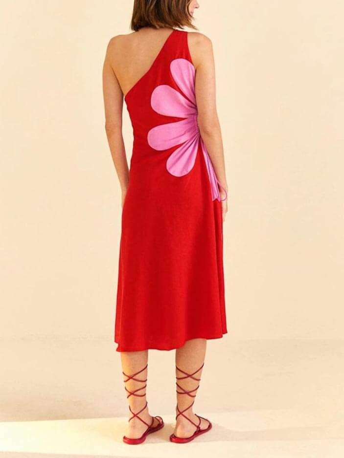 포지셔닝 플로럴 프린트 오프 숄더 미디 드레스