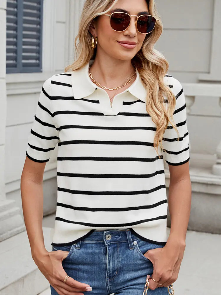 Striped Knit Polo Short-Sleeve Sweater