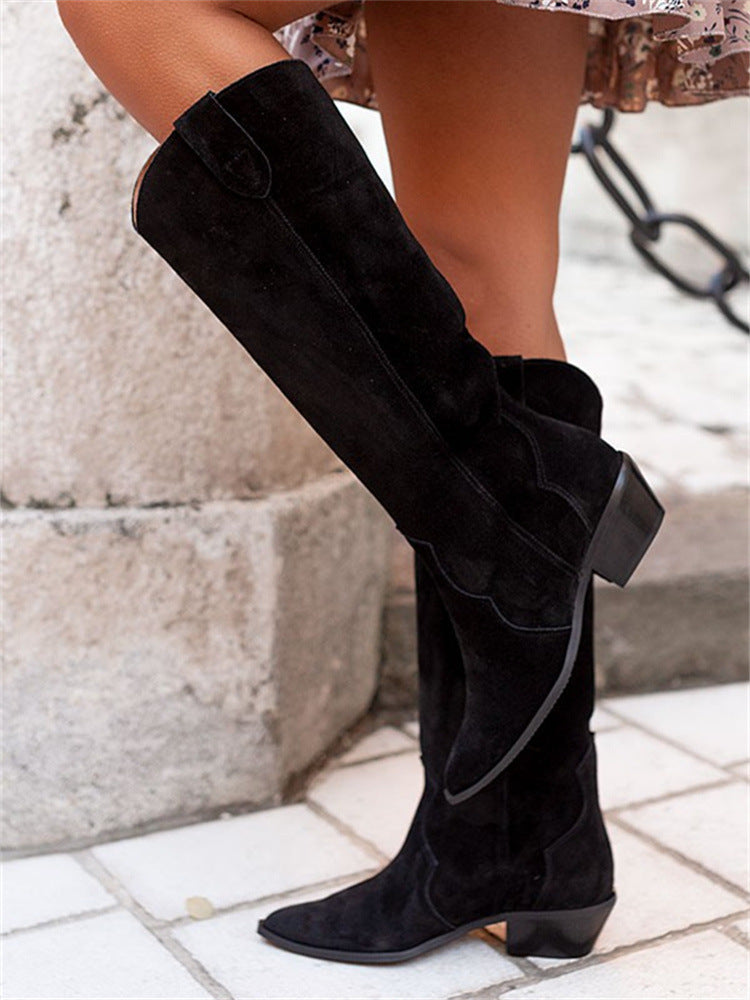 Mid-heel pointed suede high boots