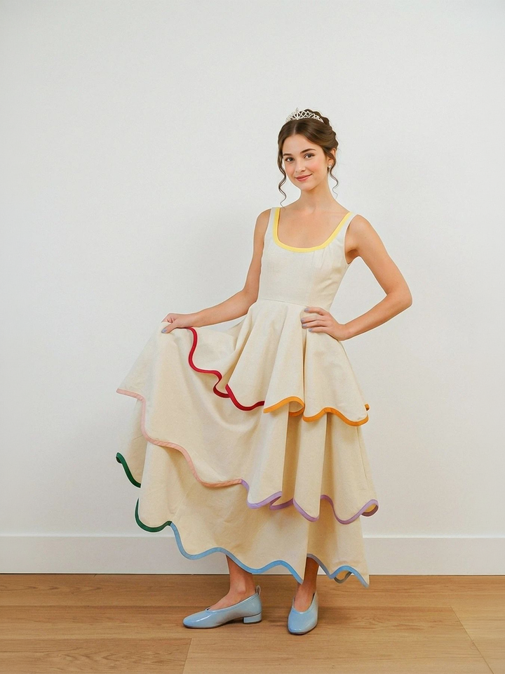 Robe midi évasée à volants avec encolure en U