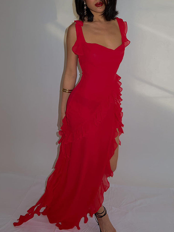 فستان ماكسي من الشيفون باللون الأحمر