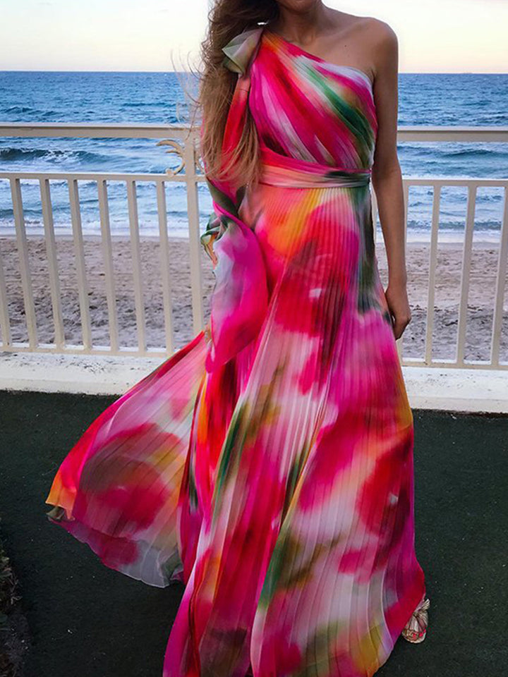Maxi-jurk met regenboogplooi en hals
