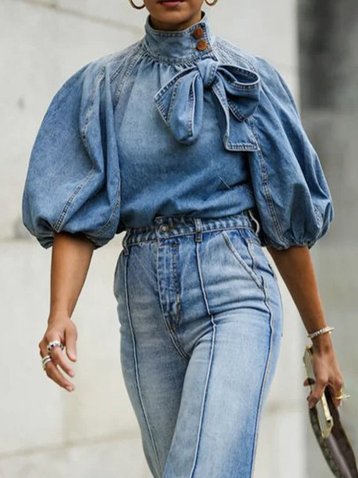 Chemise courte en jean ample à manches bouffantes