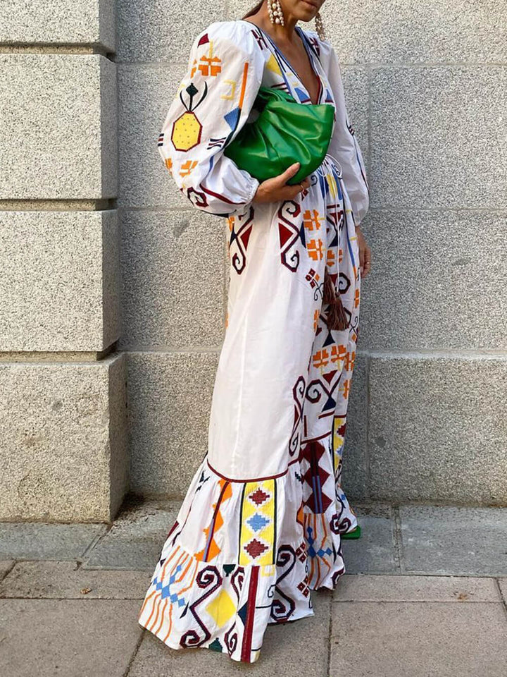Vestido largo estampado con manga farol estilo festivo