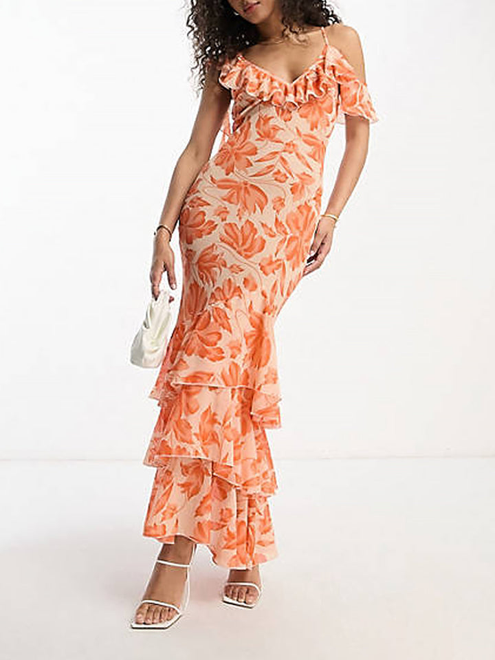 فستان ماكسي غير متماثل على الكتف من جاكار الأزهار البرتقالية
