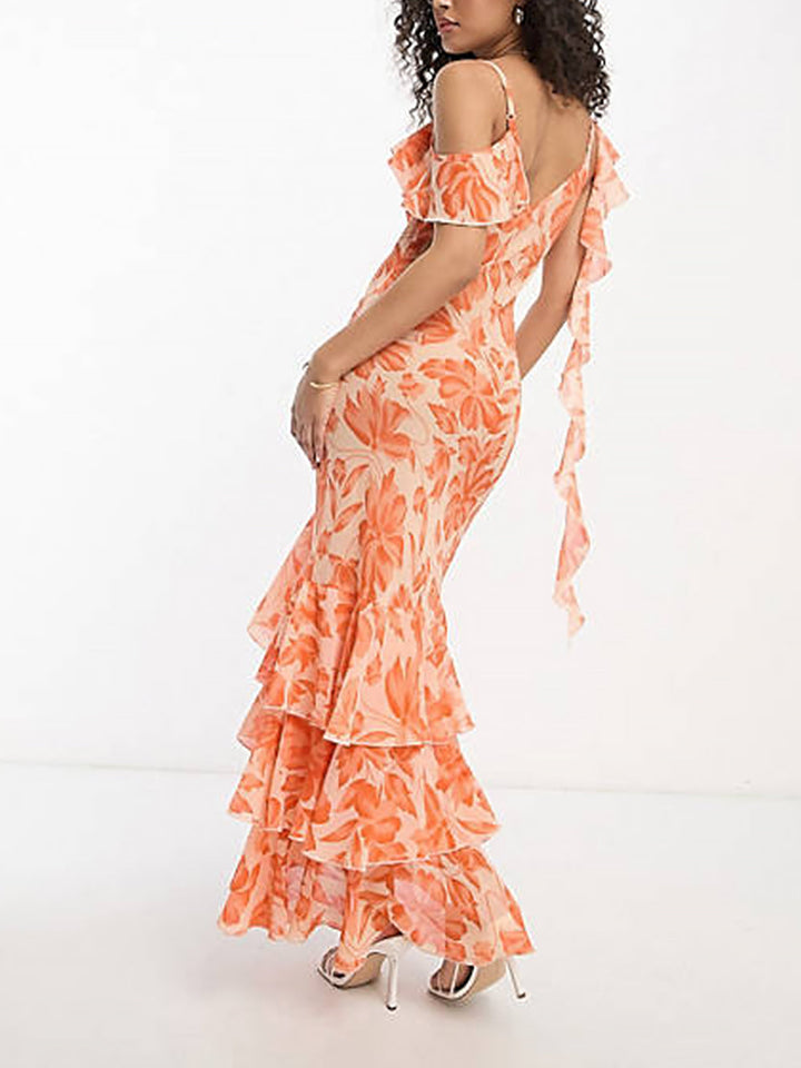 فستان ماكسي غير متماثل على الكتف من جاكار الأزهار البرتقالية