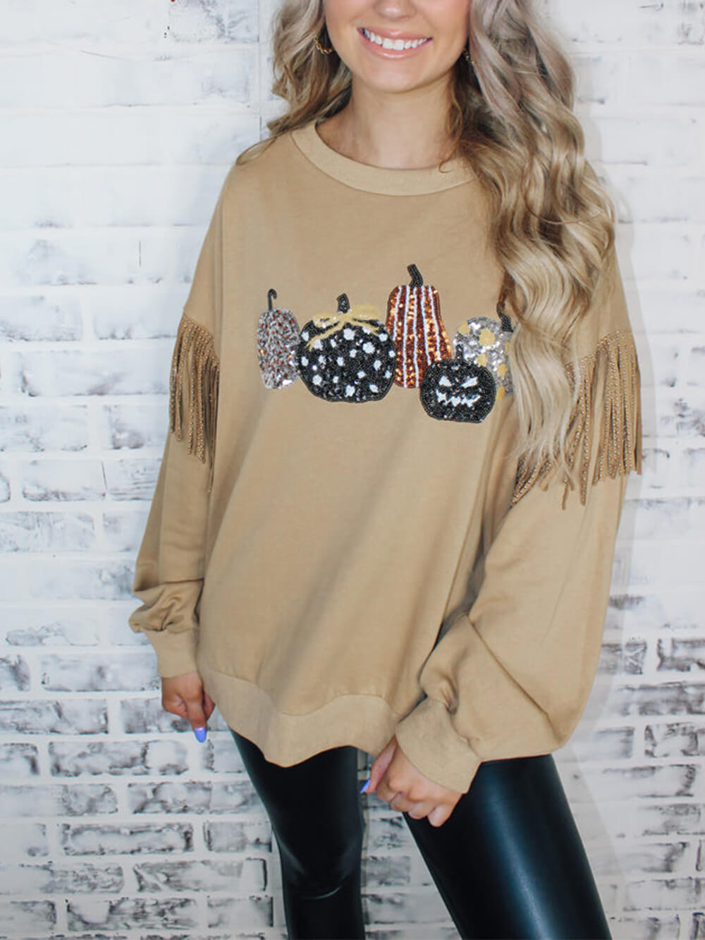 Pumpkin Sequin Fringe Sleeve Top