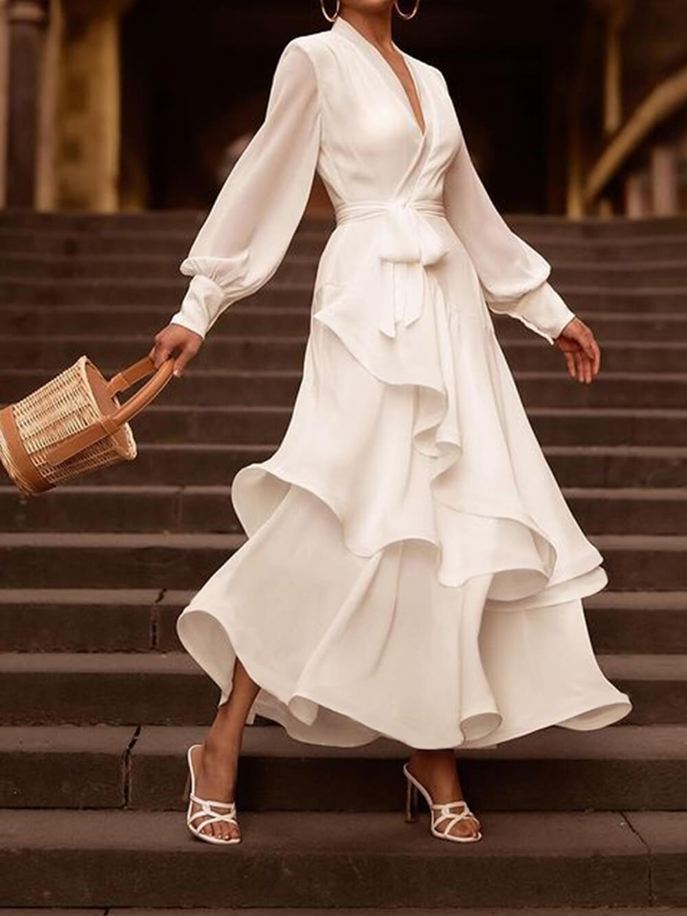 Rochie maxi elegantă, de culoare uni, cu volane