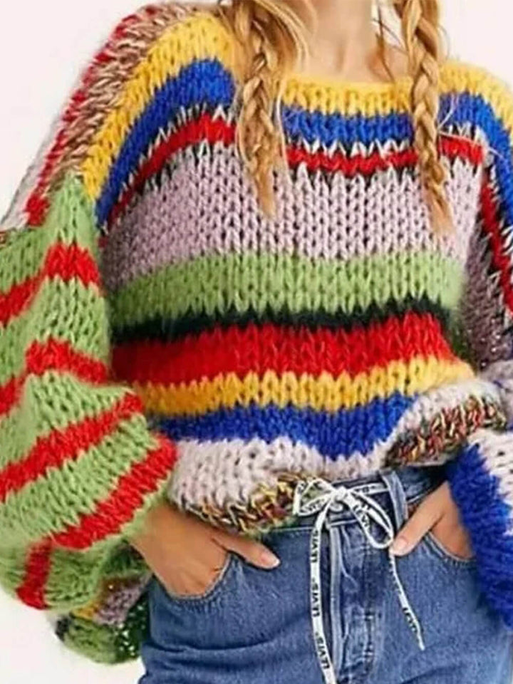 रेट्रो कंट्रास्ट धारीदार स्वेटर