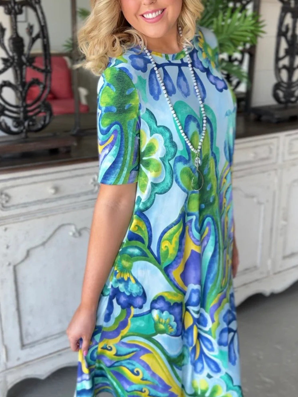 새로운 반팔 드레스 유리 인쇄 라운드 넥 허리 짧은 스커트 여성 롱 스커트