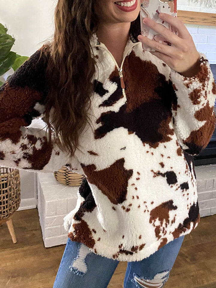 Cow Print Dragkedja Långärmad Pullover Sweatshirt