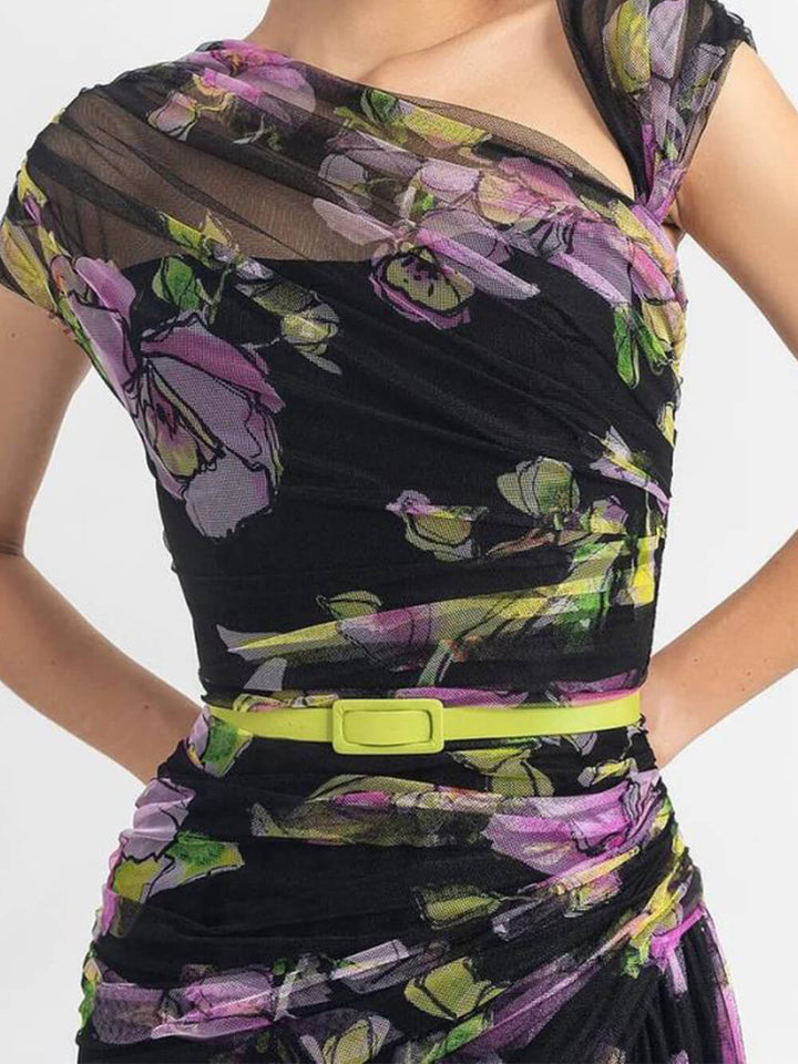 Smocked Slim Fit Maxi šaty s potištěným síťovinou