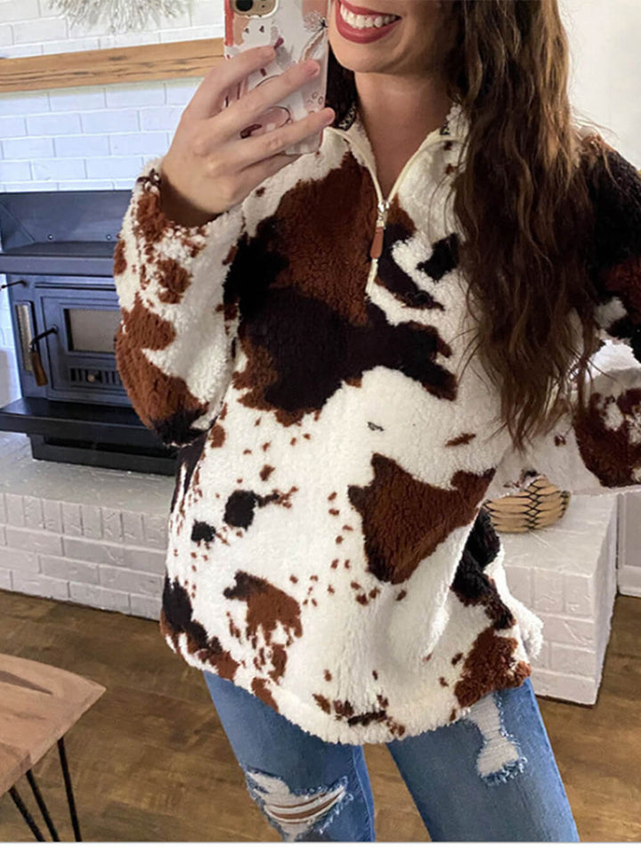 Cow Print Dragkedja Långärmad Pullover Sweatshirt