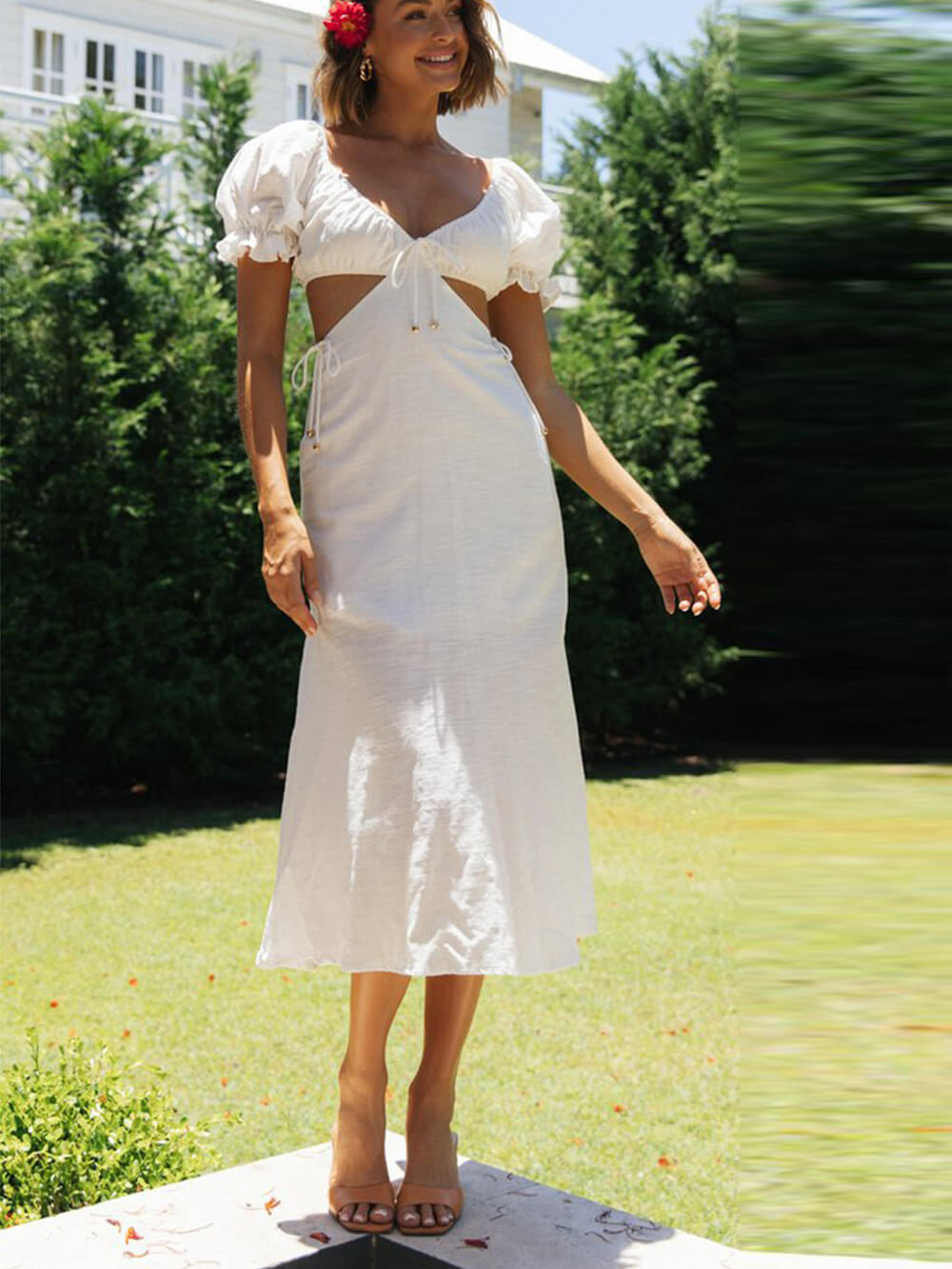솔리드 컬러 프린세스 슬리브 미디 드레스