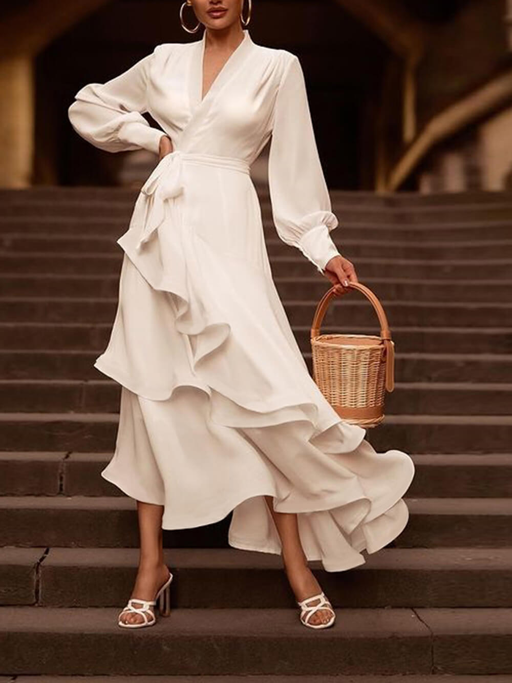 Rochie maxi elegantă, de culoare uni, cu volane