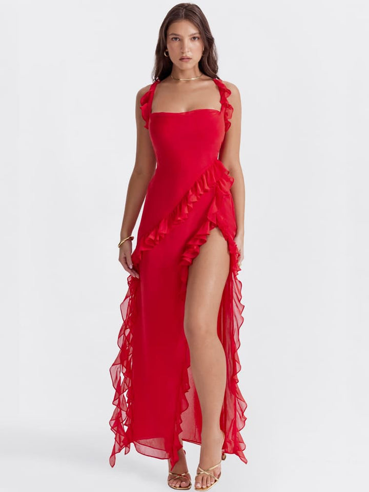 Robe longue maxi à bretelles froncées - Rouge