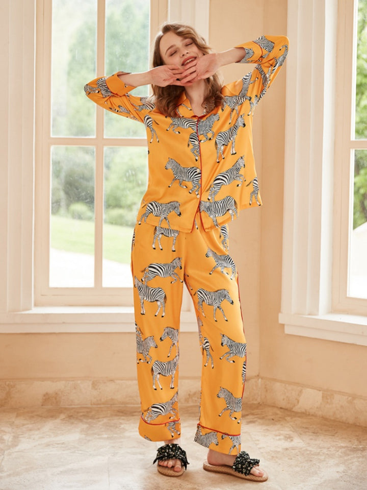 Zebra Print Long Sleeve Loungewear Set - Yellow