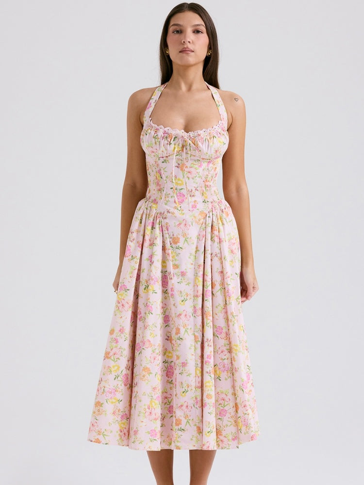 Pink Meadow Print Backless Midi Tank Dress