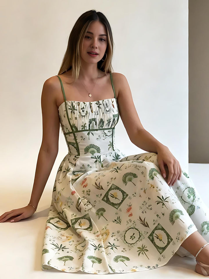 Robe midi smockée à imprimé botanique vert