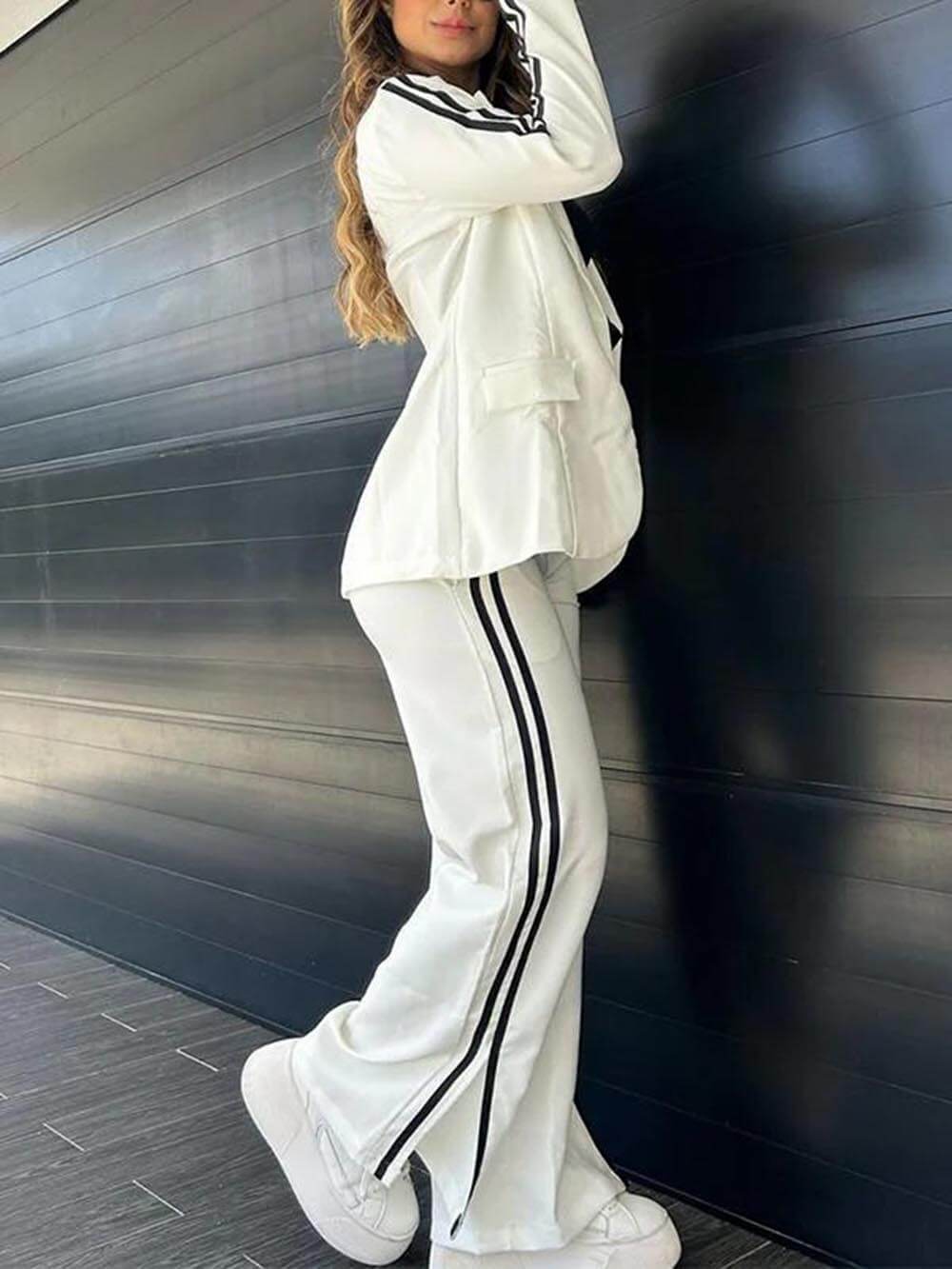 Sporty Striped Trim Lapel Blazer at Elastic Waist Pocket Loose Pants Set